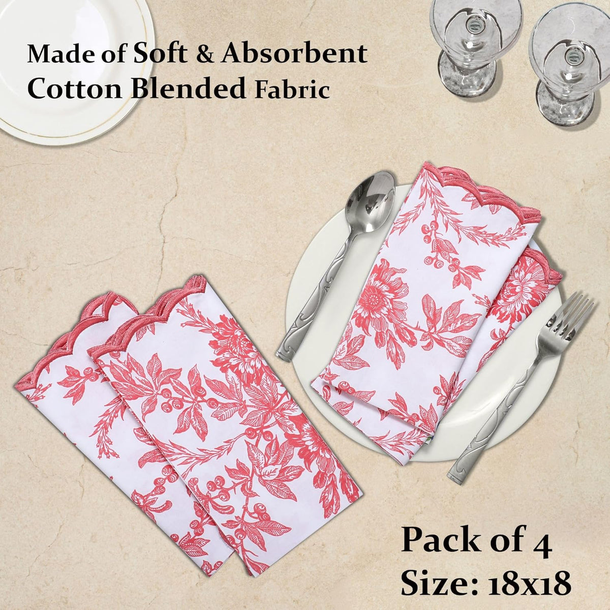 Ridhi Hand Block Print Peach Coral 18" x 18" (Set of 4) Embroidery Table Napkins Reusable Cotton Dinner Napkins for Weddings, Parties, Everyday Dining Gift for Spring, Easter, Valentine