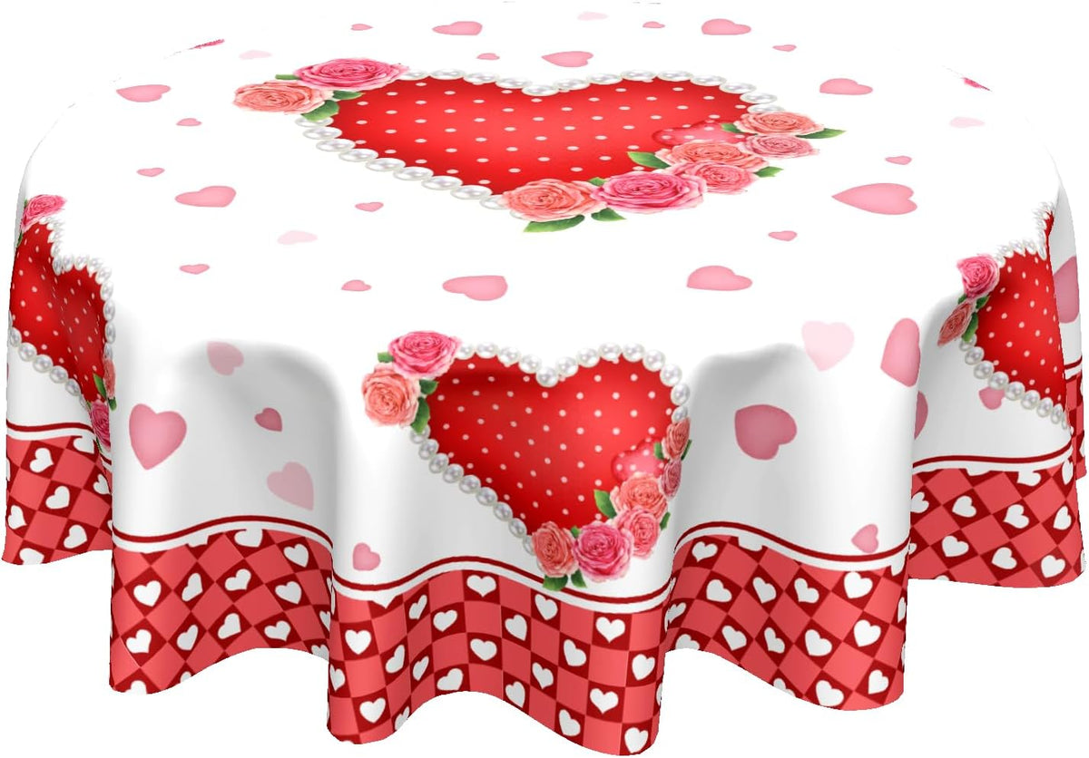Valentines Day Table Cloth Round Red Hearts Pink Rose Flower Tablecloth 60 Inch with Check Plaid Decor Washable Stain and Wrinkle Love Romantic Round Table Cover for Dining Picnic
