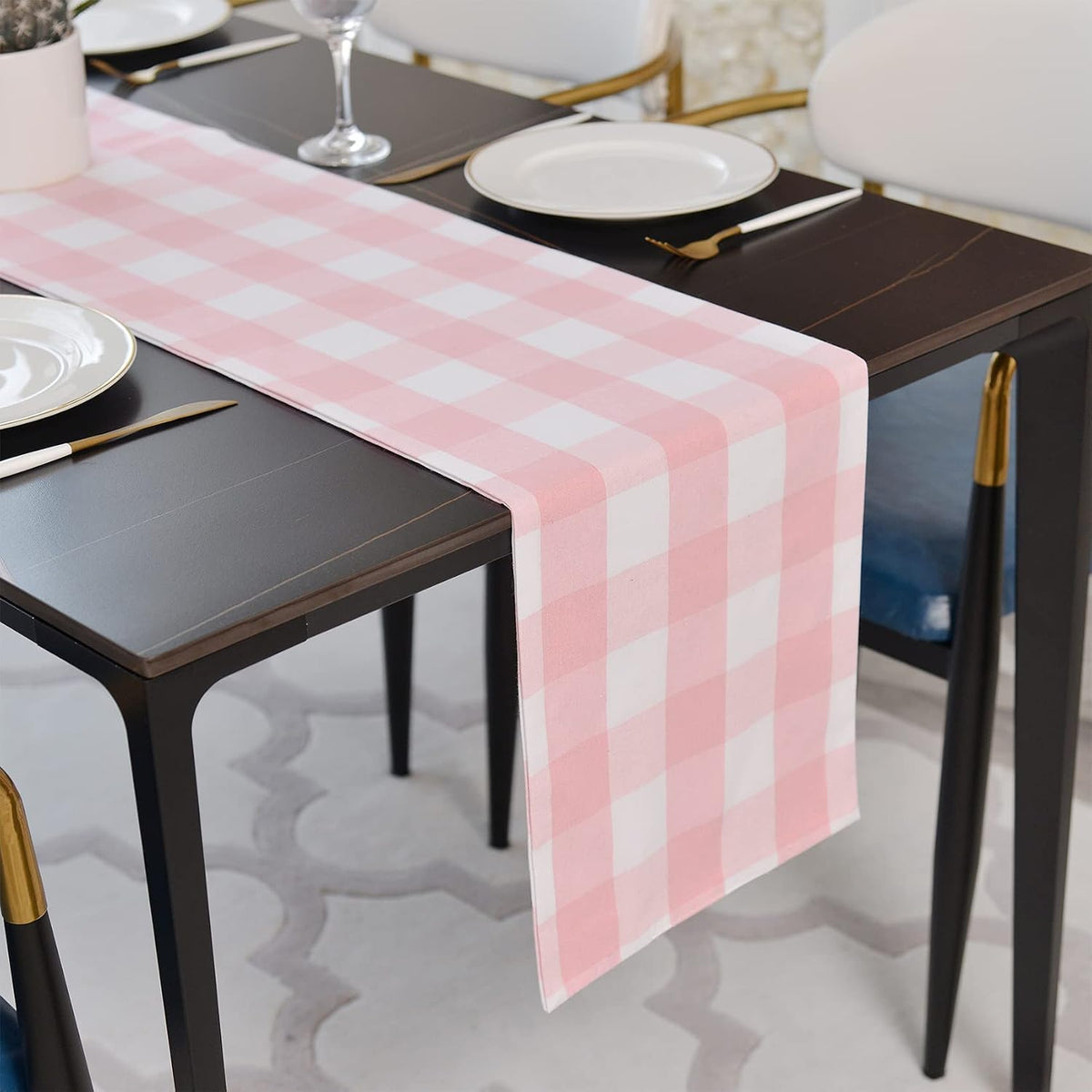 Pink & White 2 Side Buffalo Check Farmhouse Table Runner for Family Dinners or Gatherings, Indoor or Outdoor Parties, Everyday Use (12" x 36")