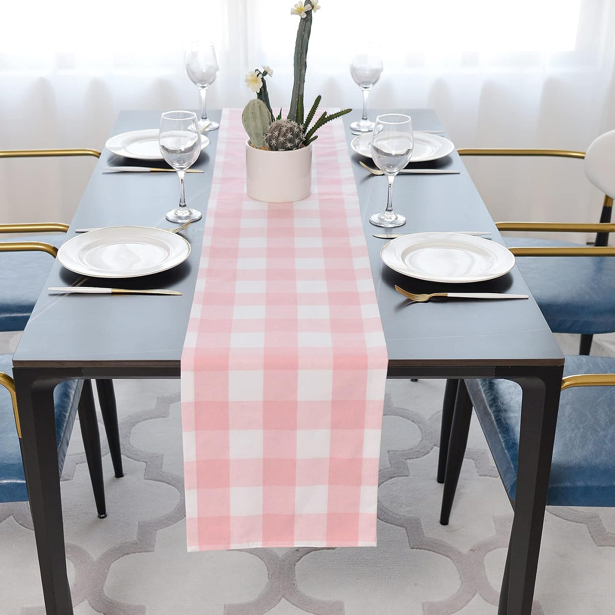 Pink & White 2 Side Buffalo Check Farmhouse Table Runner for Family Dinners or Gatherings, Indoor or Outdoor Parties, Everyday Use (12" x 36")