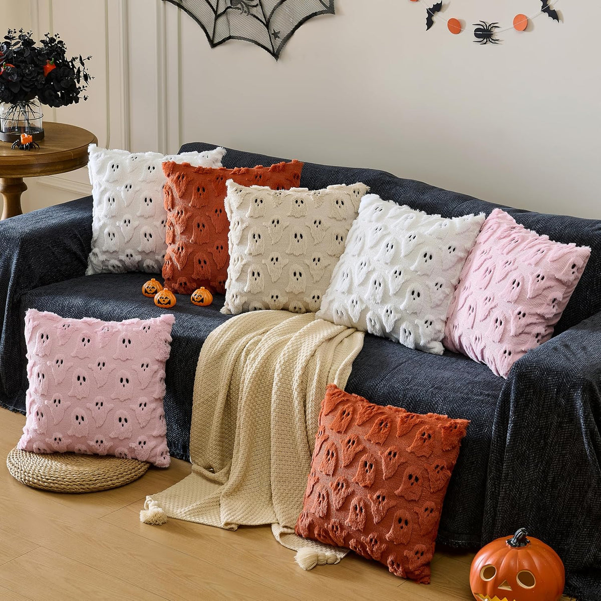 Halloween Ghost Pillow Covers 18x18 inch Set of 2,Pink Soft Plush Faux Fur Throw Pillow Cases Decorative Cushion Case for Bed Sofa Chair Fall Autumn Halloween Home Decor