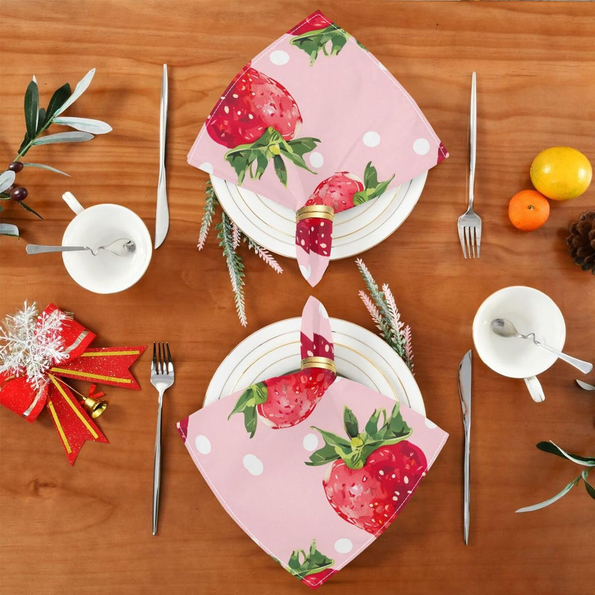 susiyo Pink Strawberry White Dots Cloth Napkins 4 Pcs 20x20 inch Polyester Cocktail Napkins for Dinner Decorative