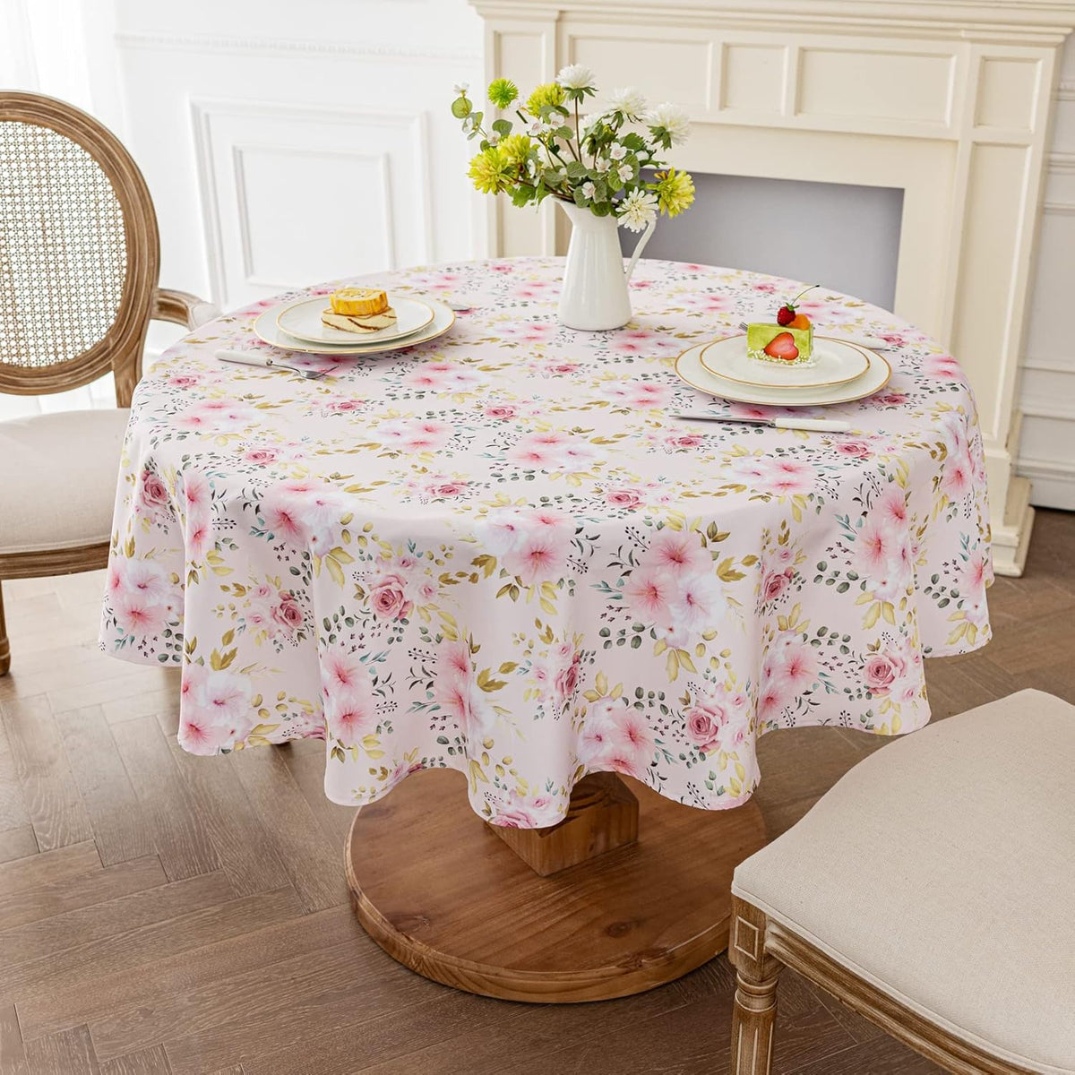 Flower Tablecloth, Pink Floral Table Cloth for Round Tables,Waterproof Resistant Rose Table Cover for Valentines,Parties,Wedding Use Spring/Summer (60 Inch Round)