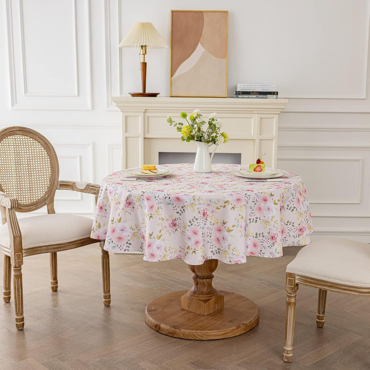 Flower Tablecloth, Pink Floral Table Cloth for Round Tables,Waterproof Resistant Rose Table Cover for Valentines,Parties,Wedding Use Spring/Summer (60 Inch Round)