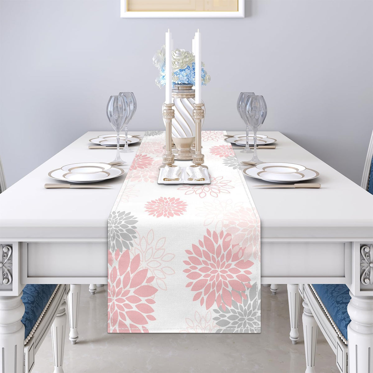 Dahlia Flower Table Runner 13x71 Inch Farmhouse Pink Gray Runners Modern Table Decorations Rustic Geometric Coffee Table Runner for Home Kitchen Dining Room Party (13"x71", Dahlia Floral-Pink)