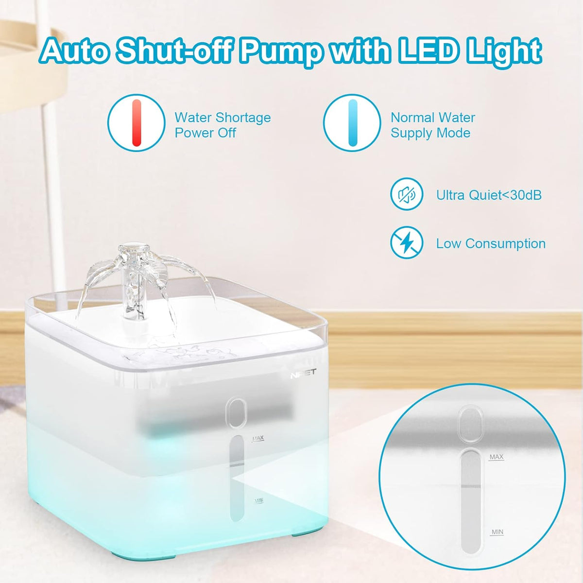 NPET Cat Water Fountain, 3L Automatic Pet Drinking Fountain Dog Water Dispenser with Quadruple-Action Filter (Semi-White, with an Adapter)