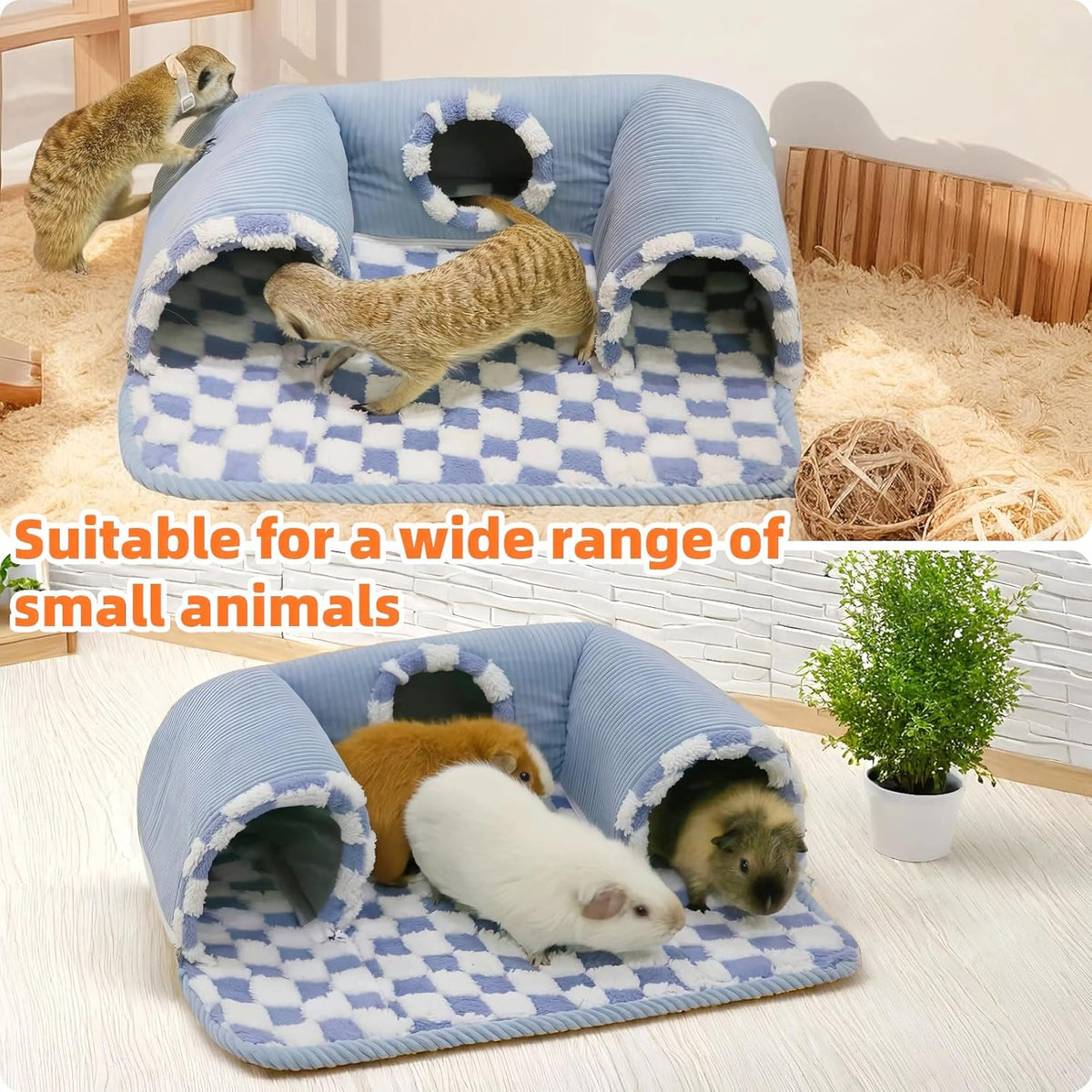 Guinea Pig Hideout Tunnel with Warm Bed for Small Pet 3 Cave Small Animal Tunnel Toy Cages Blue