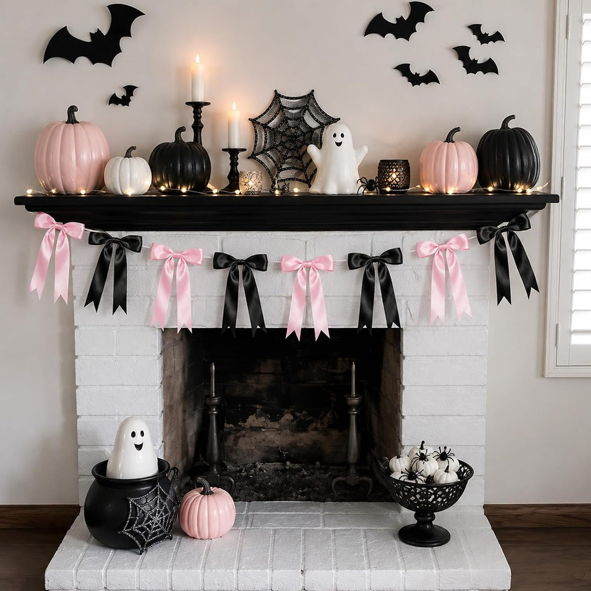 Pink Halloween Bow Garland, Pink and Black Bow Decorations, Halloween Decor