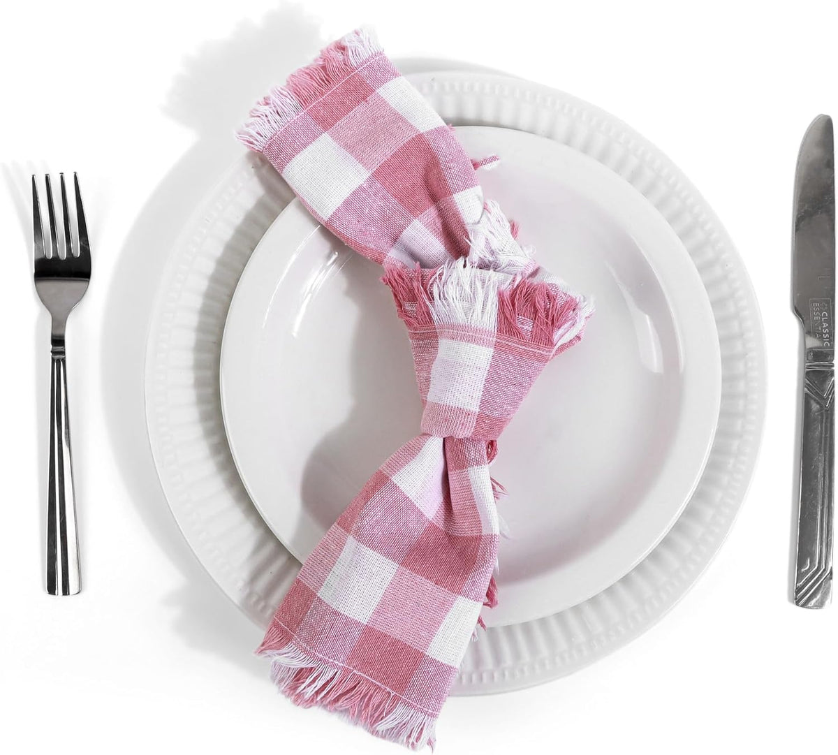 FINGERCRAFT Cloth Napkins Natural Cotton Checkered Set of 12 Premium Fringe Design Dinner Napkin Soft Durable Ideal for Dining Room, Restaurant, Weddings Events Washable Good Absorbency Pink Check