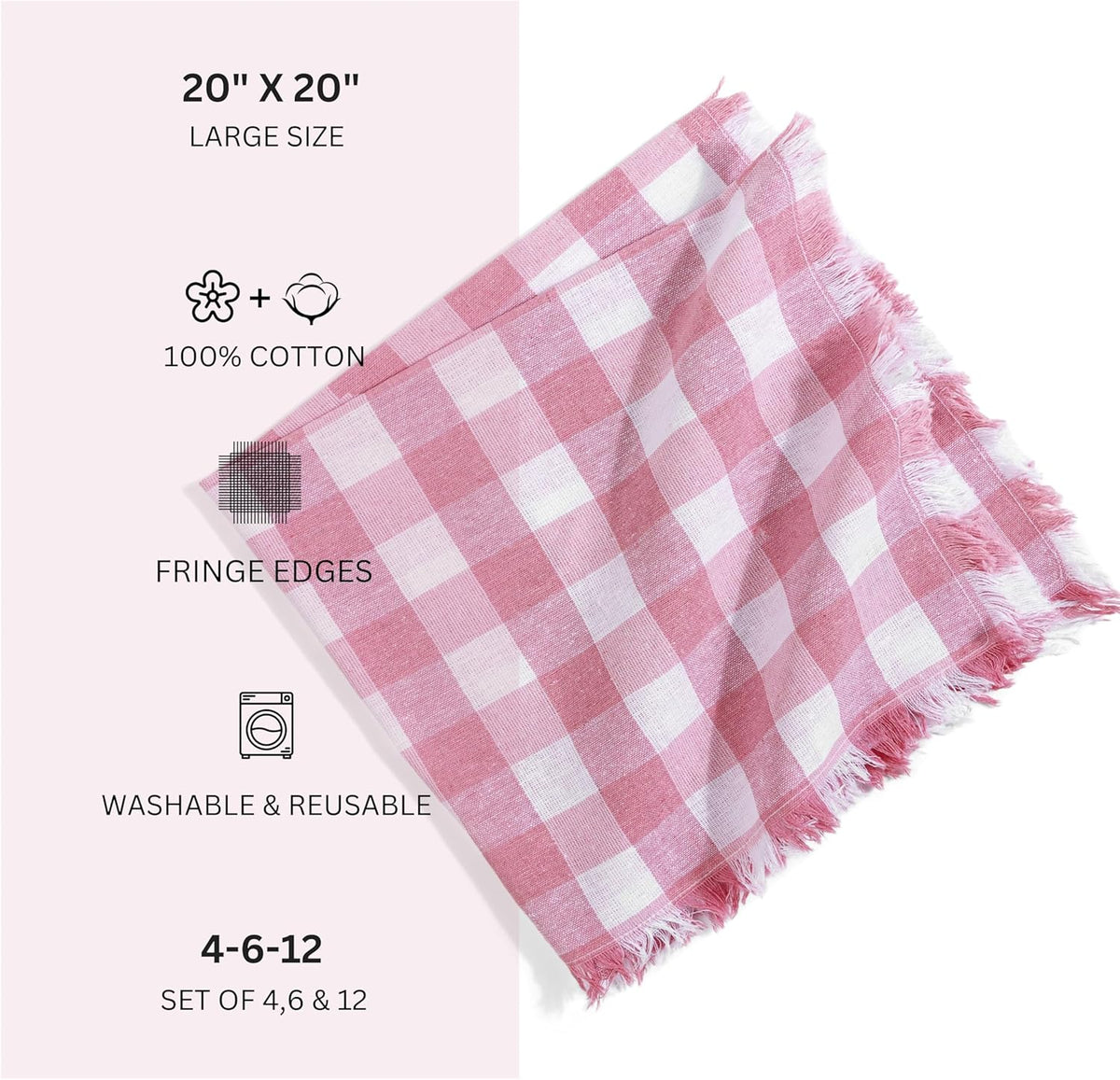 FINGERCRAFT Cloth Napkins Natural Cotton Checkered Set of 12 Premium Fringe Design Dinner Napkin Soft Durable Ideal for Dining Room, Restaurant, Weddings Events Washable Good Absorbency Pink Check