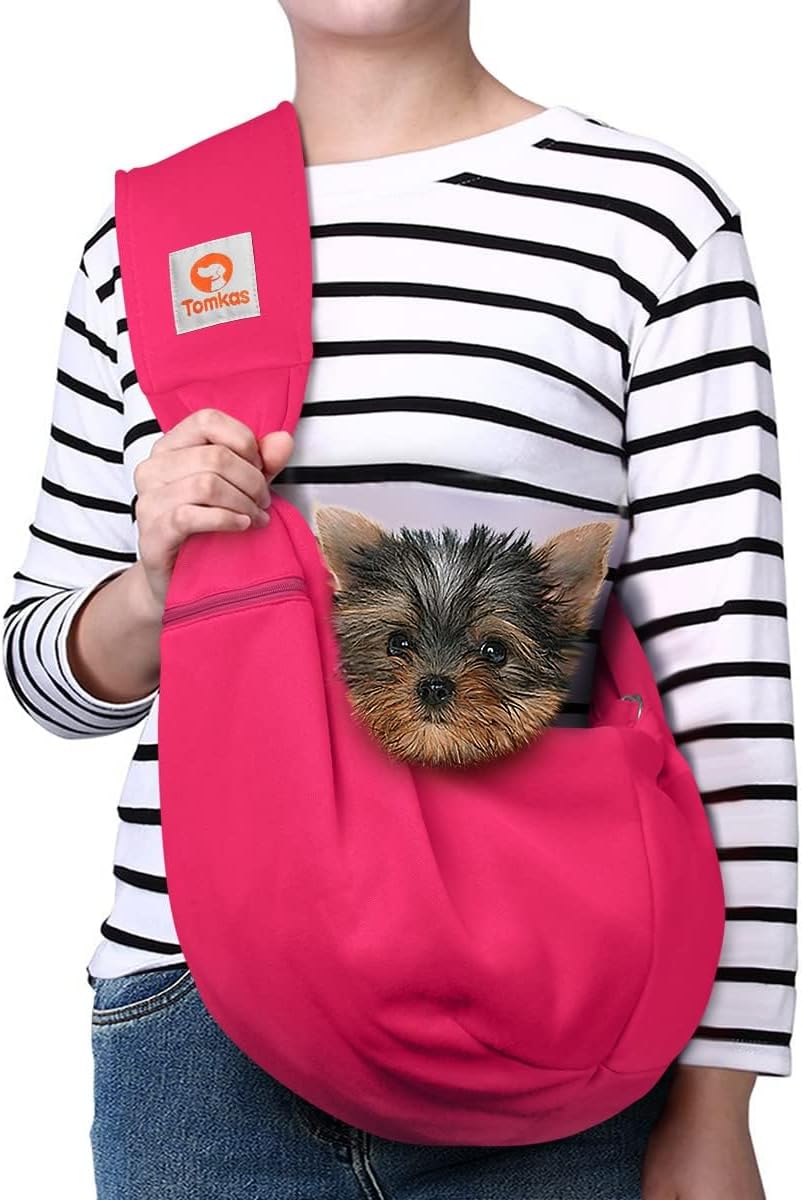 TOMKAS Dog Sling Carrier for Small Dogs Puppy Carrier for Small Dogs (Rose red, Adjustable Strap for 3-10 lbs & Zipper Pocket)