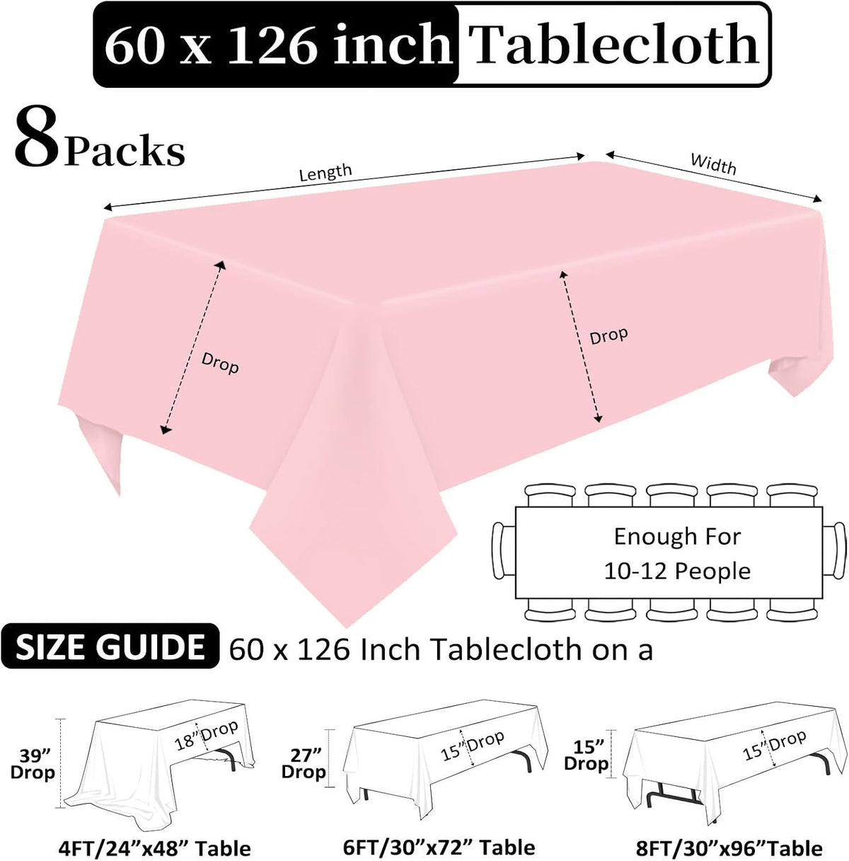 8 Pack Pink Tablecloth Rectangle 60 x 126 Inch for 8 Foot Tables