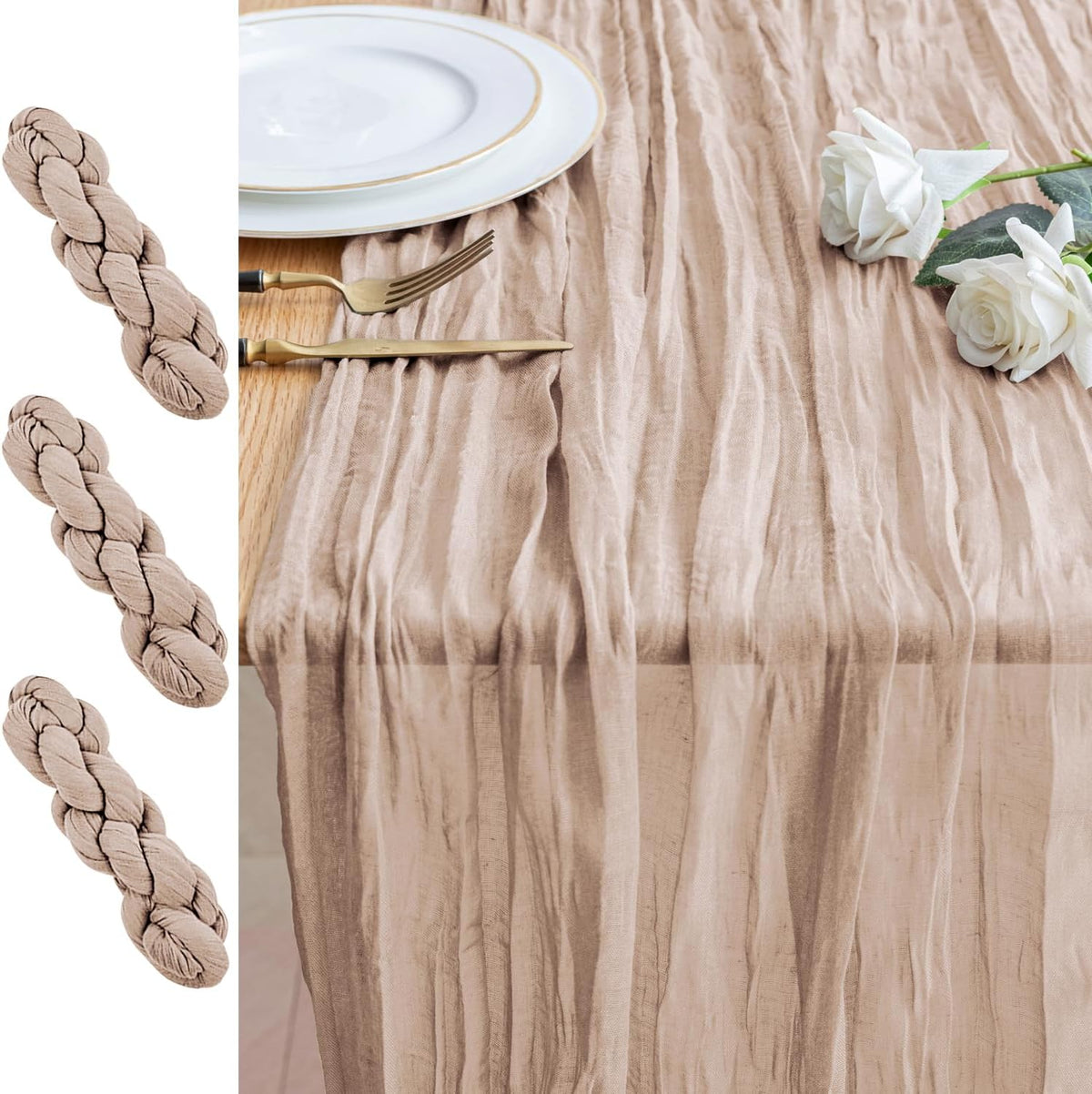 Cheesecloth Table Runner 10FT 3Pcs Nude Pink Boho Gauze Sheer Table Runners