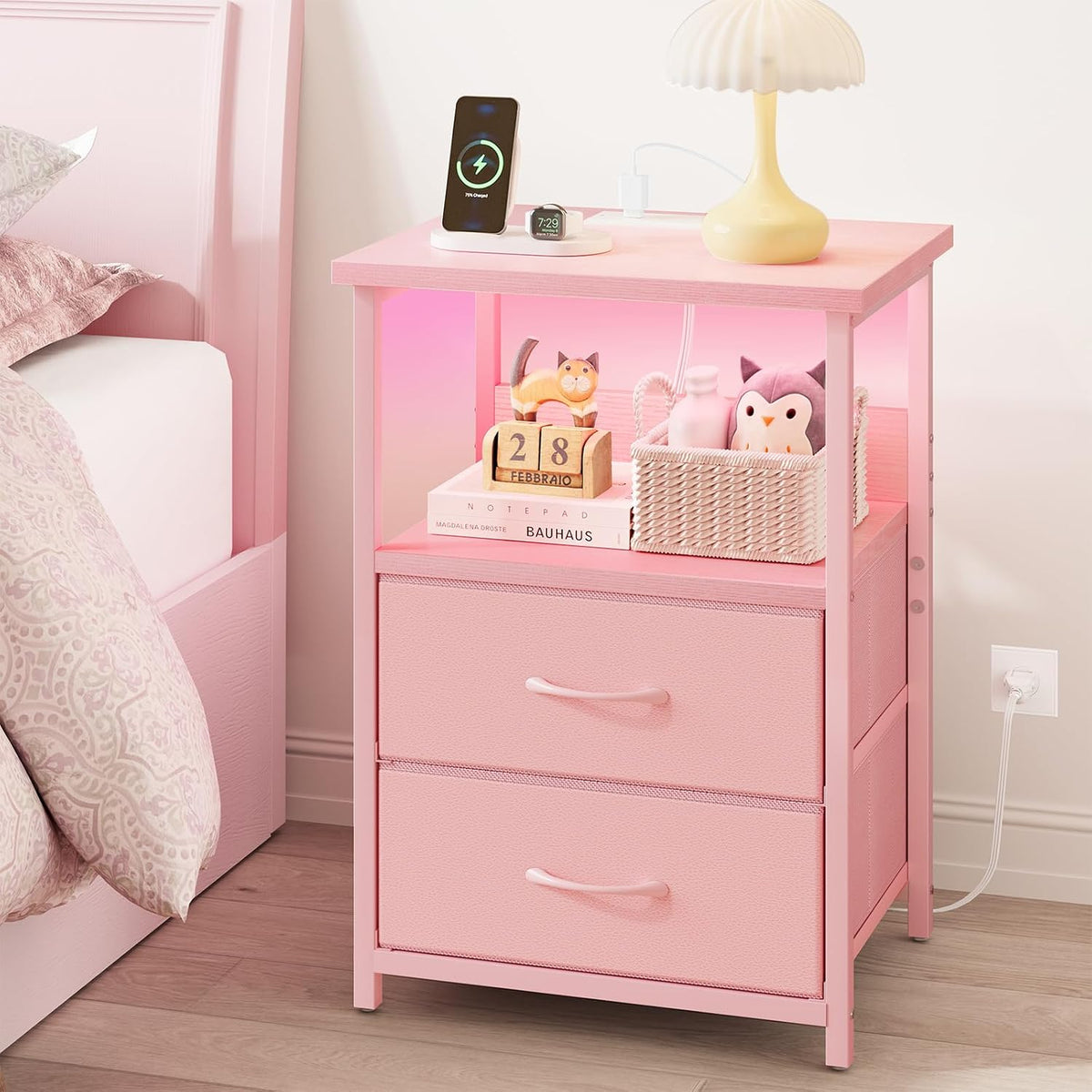 Night Stand with Charging Station, Led Nightstand, Pink, 2 Drawers