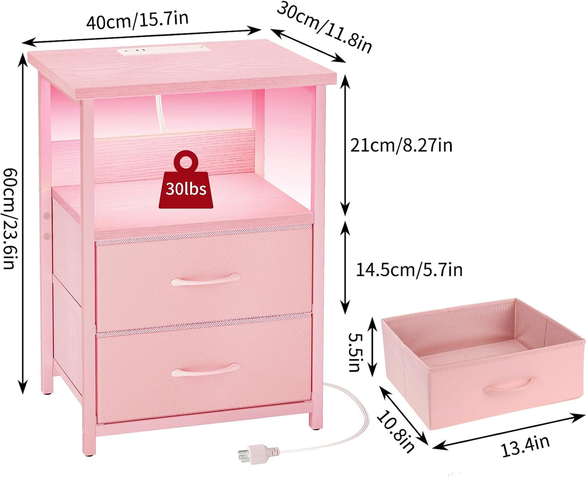 Night Stand with Charging Station, Led Nightstand, Pink, 2 Drawers