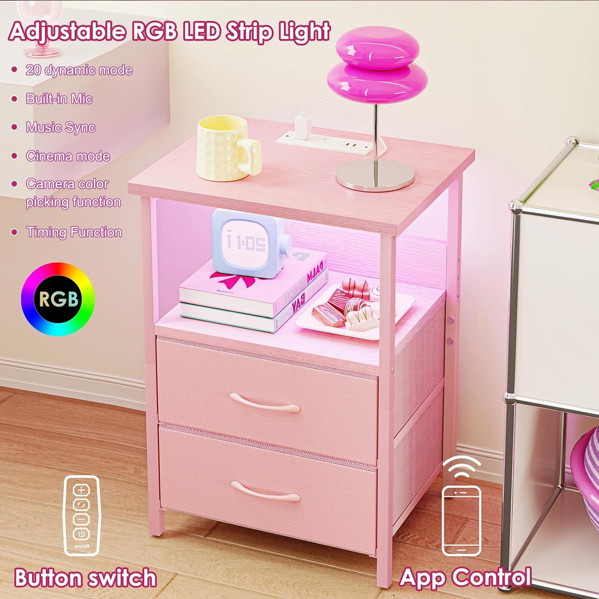 Night Stand with Charging Station, Led Nightstand, Pink, 2 Drawers