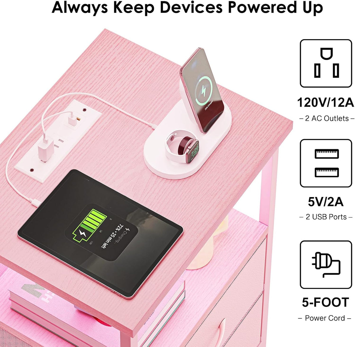 Night Stand with Charging Station, Led Nightstand, Pink, 2 Drawers
