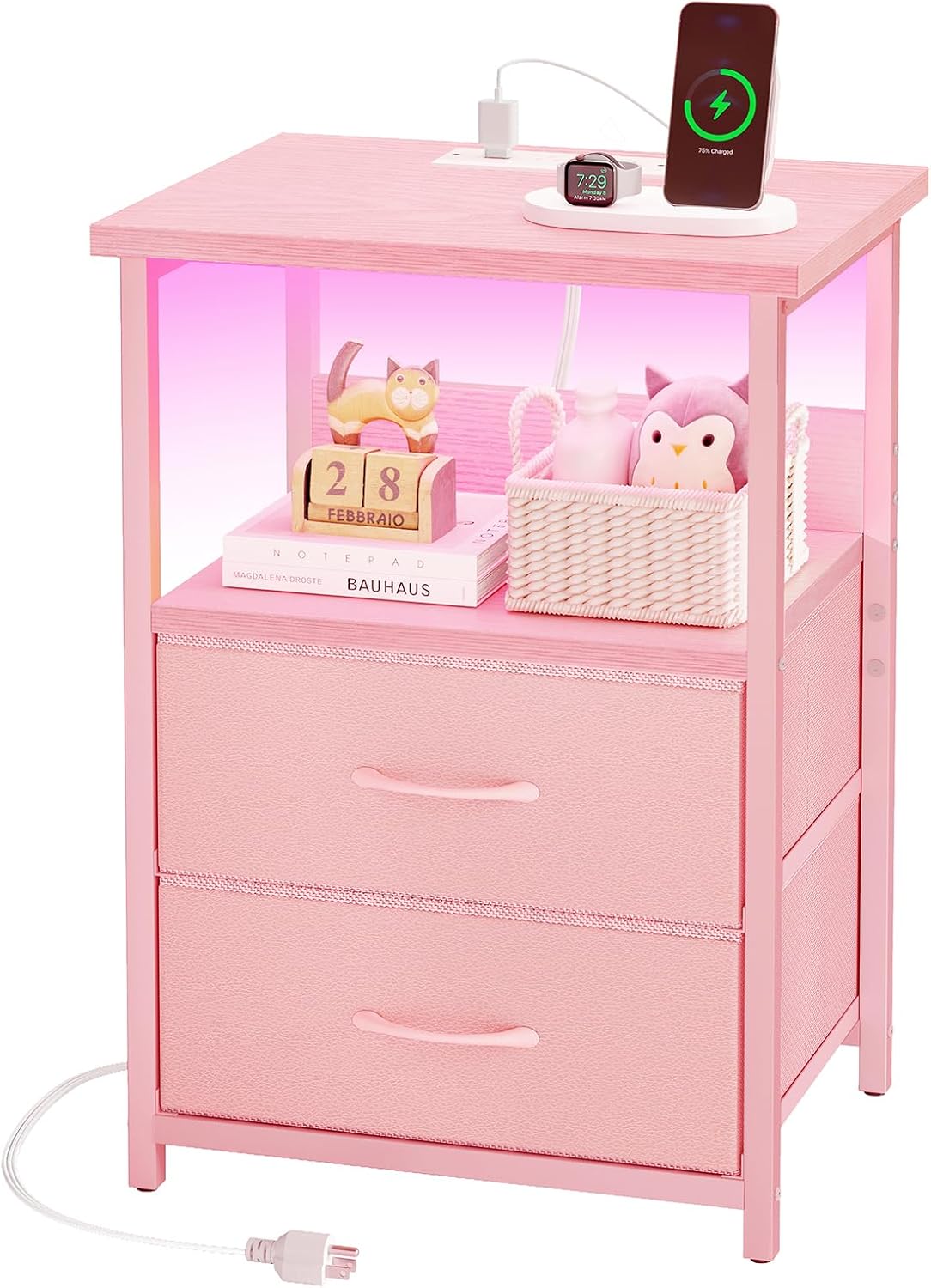 Night Stand with Charging Station, Led Nightstand, Pink, 2 Drawers