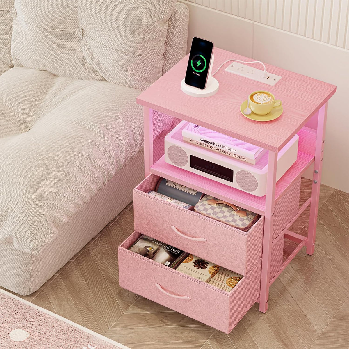 Night Stand with Charging Station, Led Nightstand, Pink, 2 Drawers