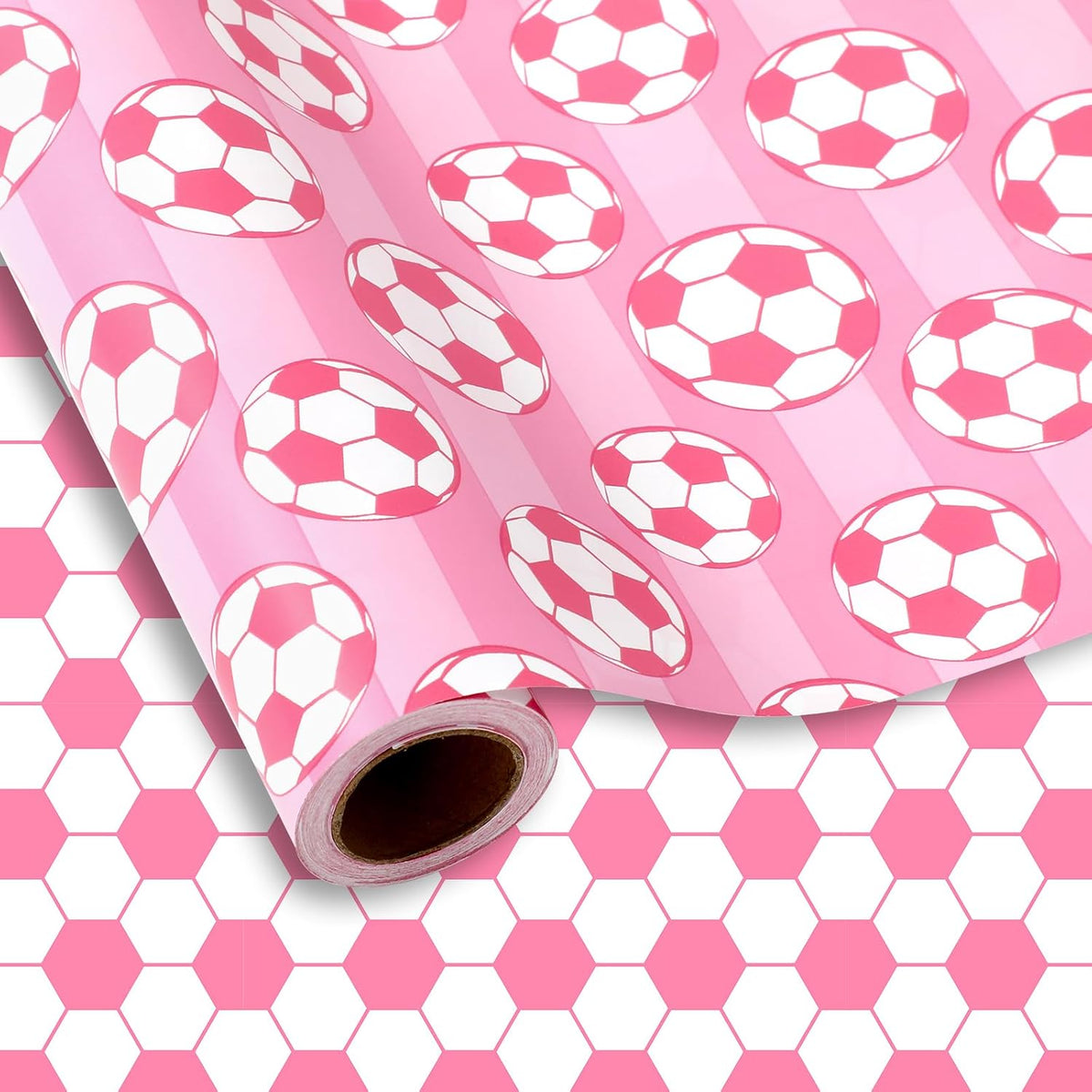 Soccer Ball Wrapping Paper - Mini Roll - 17 In x 32.8 Ft Sports Pink White Soccer Double-Sided Gift Wrap Paper for DIY Art Craft Birthday Holiday Party