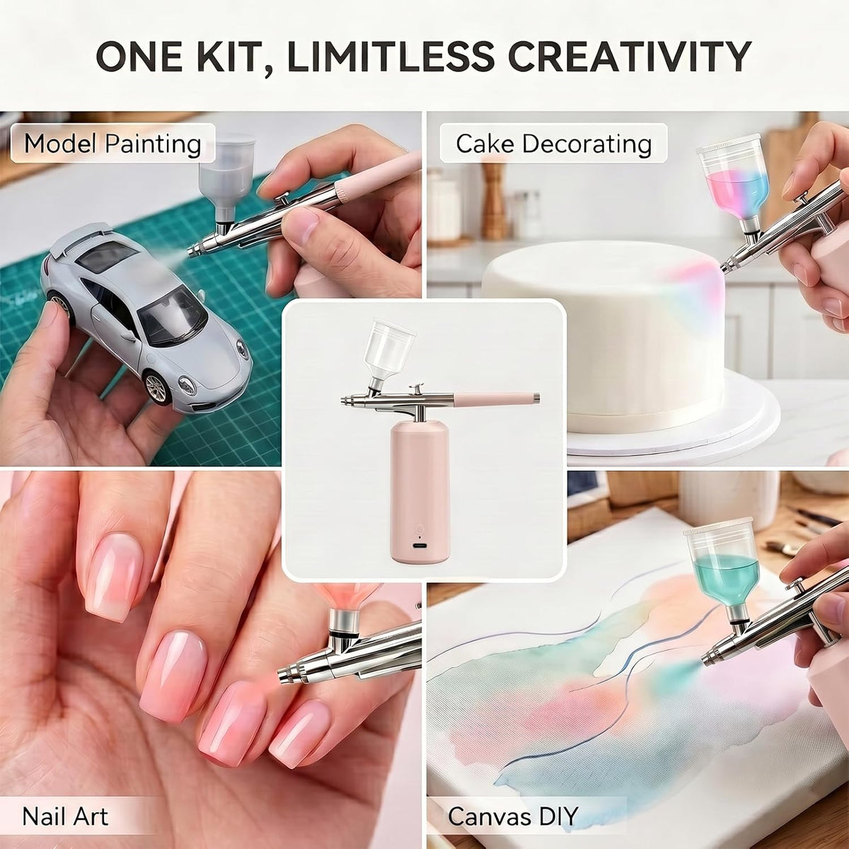 Airbrush Kit with Compressor 48PSI, Cordless Rechargeable High Pressure Air Brush Set, 0.3mm Nozzle & 2 Paint Cups for Painting, Nail Art, Cake Decor, Makeup, Modeling (Pink)