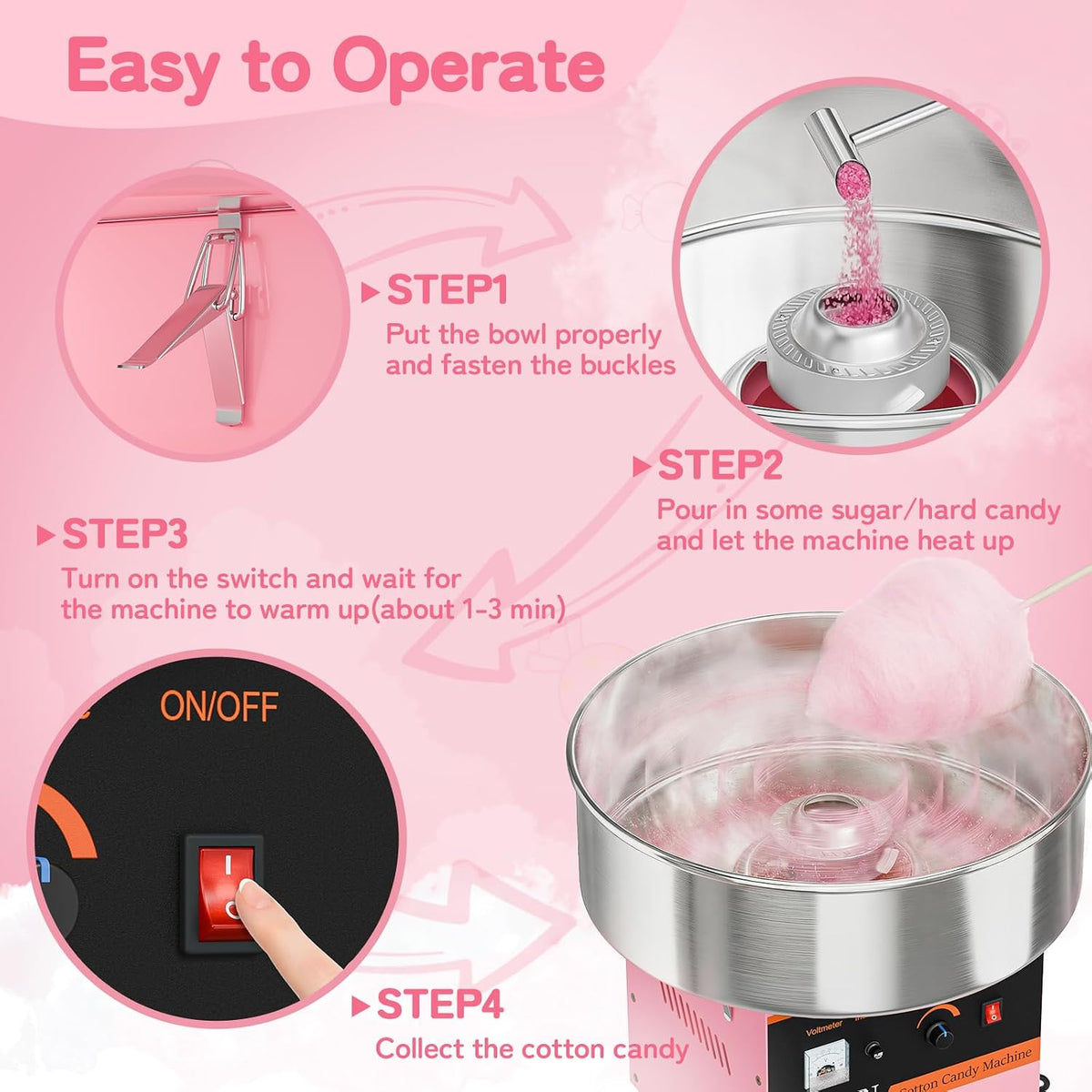 21 Inch Cotton Candy Machine Commercial, Candy Floss Maker Electric Cotton Candy Maker w/Stainless Steel Bowl, Sugar Scoop and Large Storage Drawer Home Party Carnival, Pink