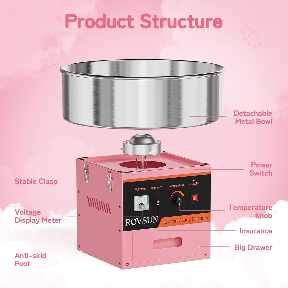 21 Inch Cotton Candy Machine Commercial, Candy Floss Maker Electric Cotton Candy Maker w/Stainless Steel Bowl, Sugar Scoop and Large Storage Drawer Home Party Carnival, Pink