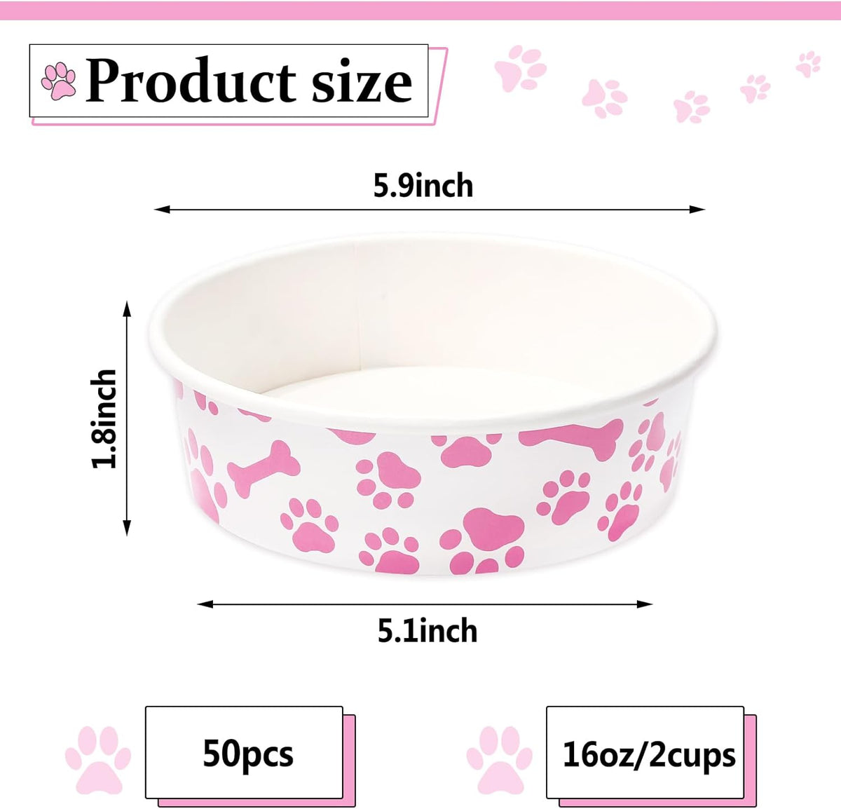 Whaline 50Pcs Pet Disposable Feeding Bowls Pink White Paper Dog Bowls Small Dog Dish 16 Oz 2 Cup Pet Serving Food Tray for Puppy Cat Travel Wet Dry Food Water