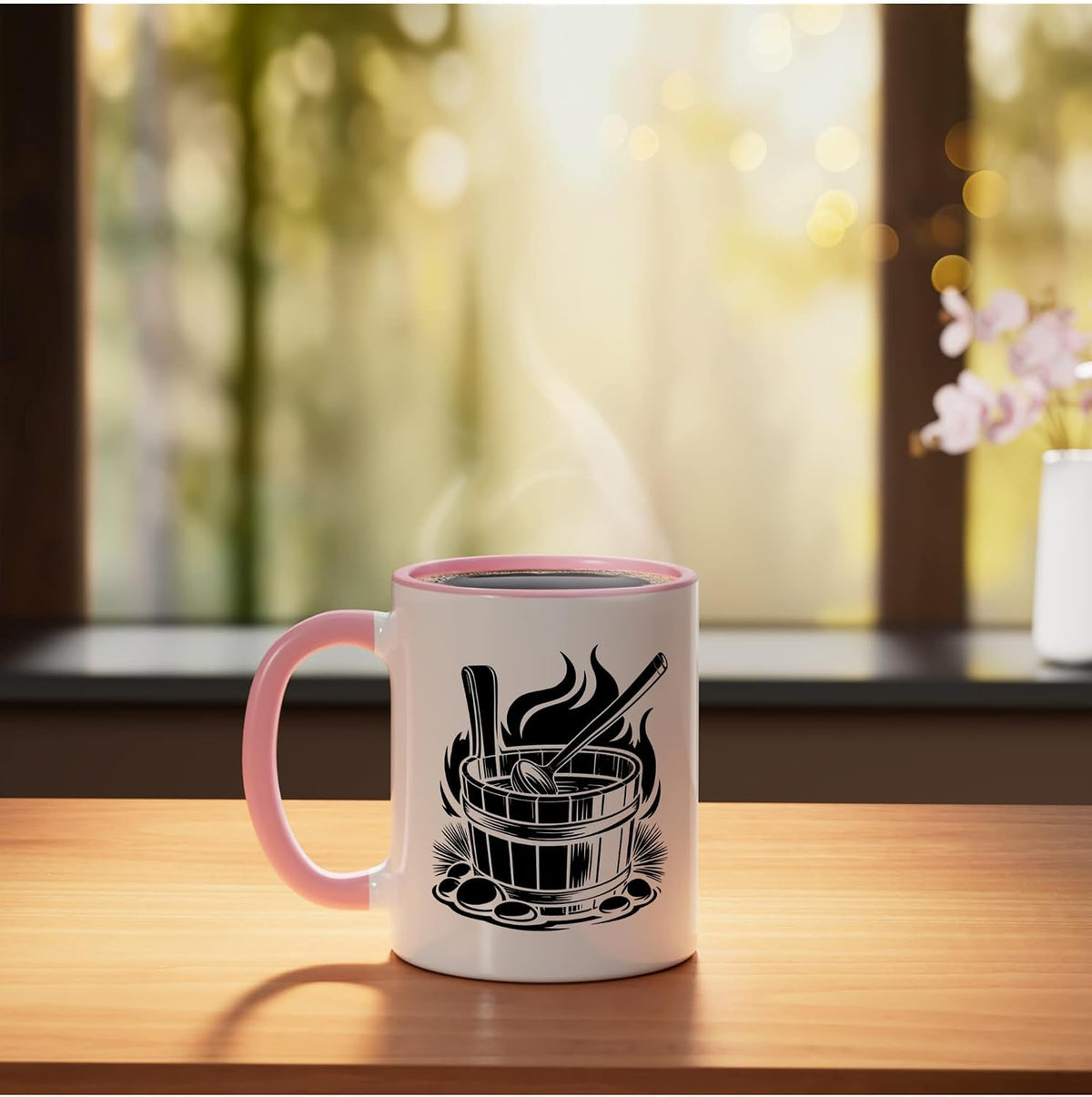 Sauna Steam Cloud Relaxation Peaceful Wellness Art Face Ceramic Mug, Pink/White