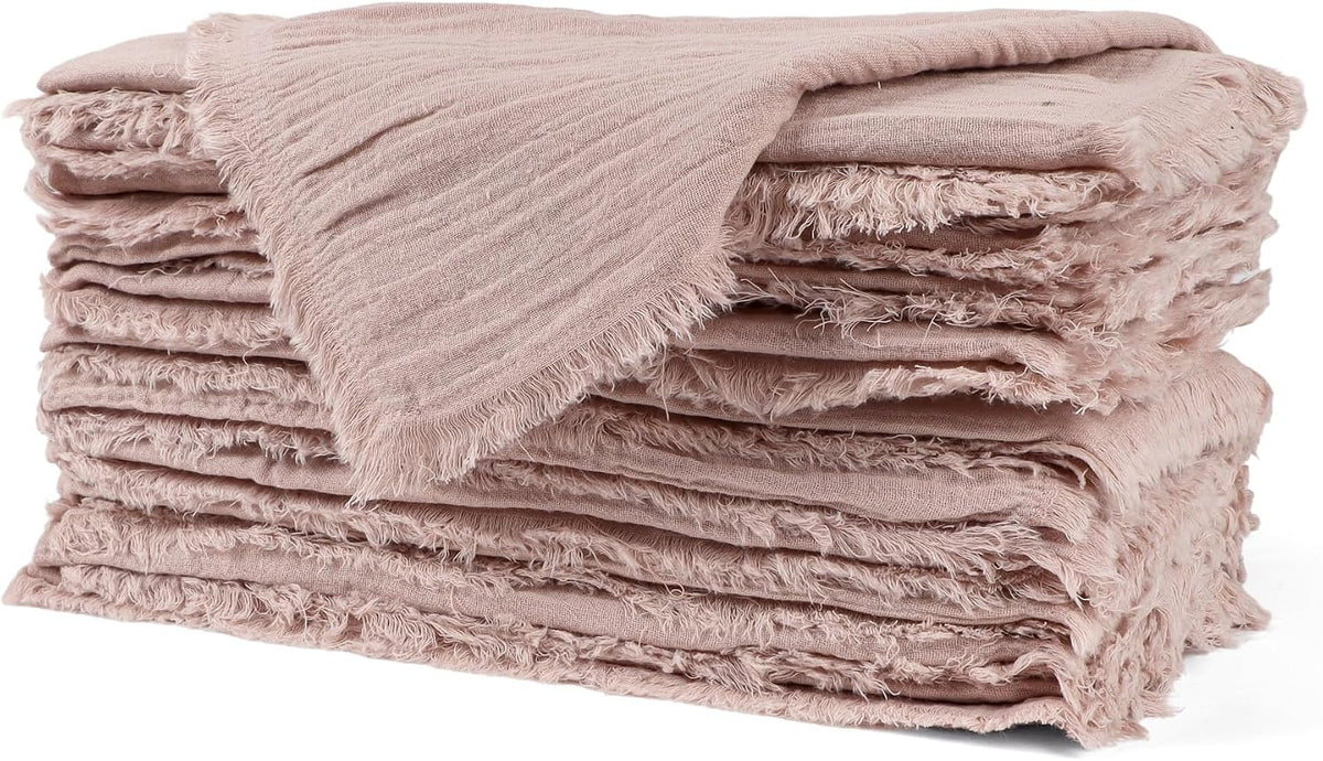 Fringe Cloth Napkins 100% Cotton, Set of 12 Dinner Napkins, Peach