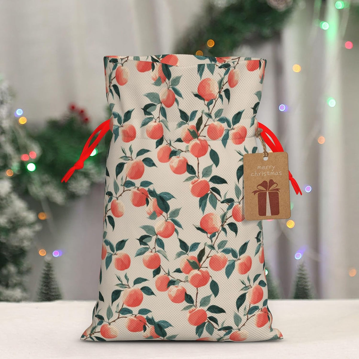 Qewfoju Fruits Peach 3 Pattern Holiday Gift Bags Christmas Burlap Gift Bags Drawstring for Wedding Party Favors Xmas Gifts Couple Shower Small