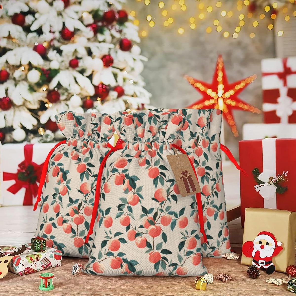 Qewfoju Fruits Peach 3 Pattern Holiday Gift Bags Christmas Burlap Gift Bags Drawstring for Wedding Party Favors Xmas Gifts Couple Shower Small
