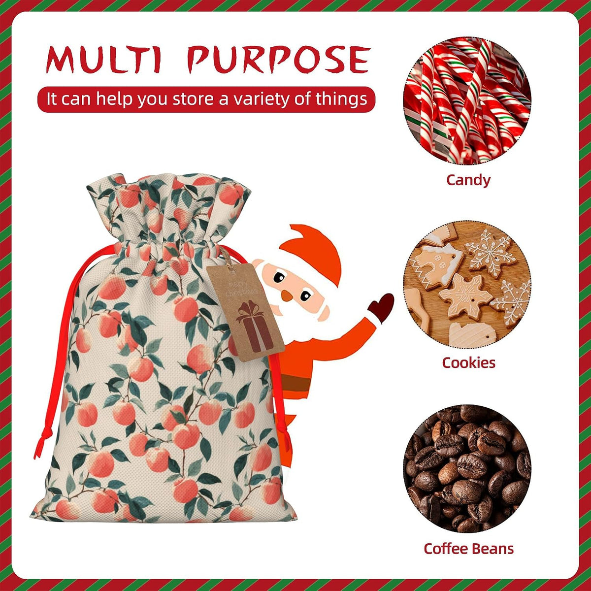 Qewfoju Fruits Peach 3 Pattern Holiday Gift Bags Christmas Burlap Gift Bags Drawstring for Wedding Party Favors Xmas Gifts Couple Shower Small