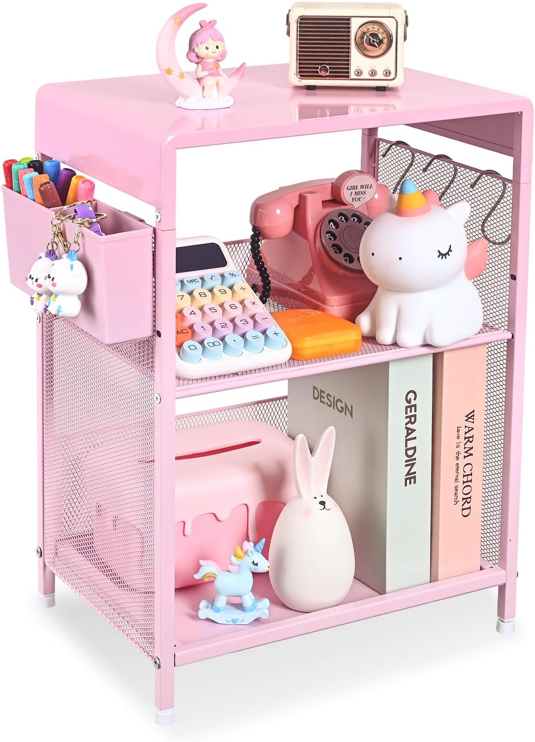 Pink Small Nightstand, Kids Nightstand for Bedroom, End Table with Hooks and Holder, Toddler Bedside Table for Girls, Desk Organizer for Office, Dorm (Pink)