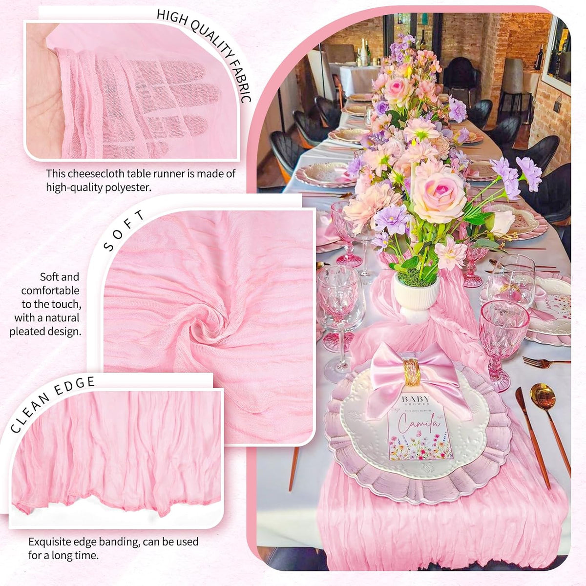 1 Pack Light Pink Cheesecloth Table Runner Wedding Birthday Table Decor
