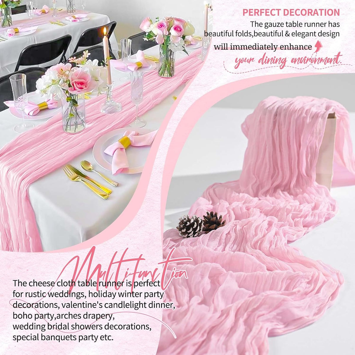 1 Pack Light Pink Cheesecloth Table Runner Wedding Birthday Table Decor