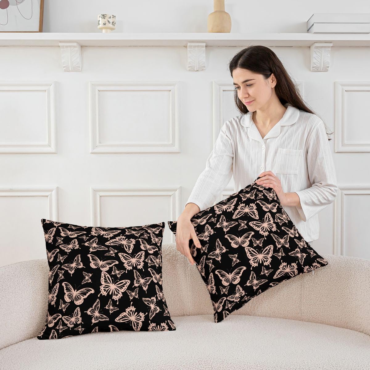 Girls Butterfly Throw Pillow Covers Set of 2 22"x 22" Kids Light Pink Cushion Case for Sofa Couch Bed Chair Car, Beautiful Butterflies Pattern Decor Pillowcase Room Decor