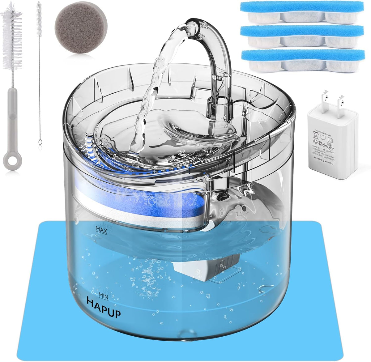 Cat Water Fountain Animal Water Dispenser 61OZ/1.8L Automatic Pet Drinking Fountain with 3 Filter Replacement 1 Pump 1 Cleaning Brush kit 1 Silicone Food Mat 1 Adapter for Cats Kitty Indoor
