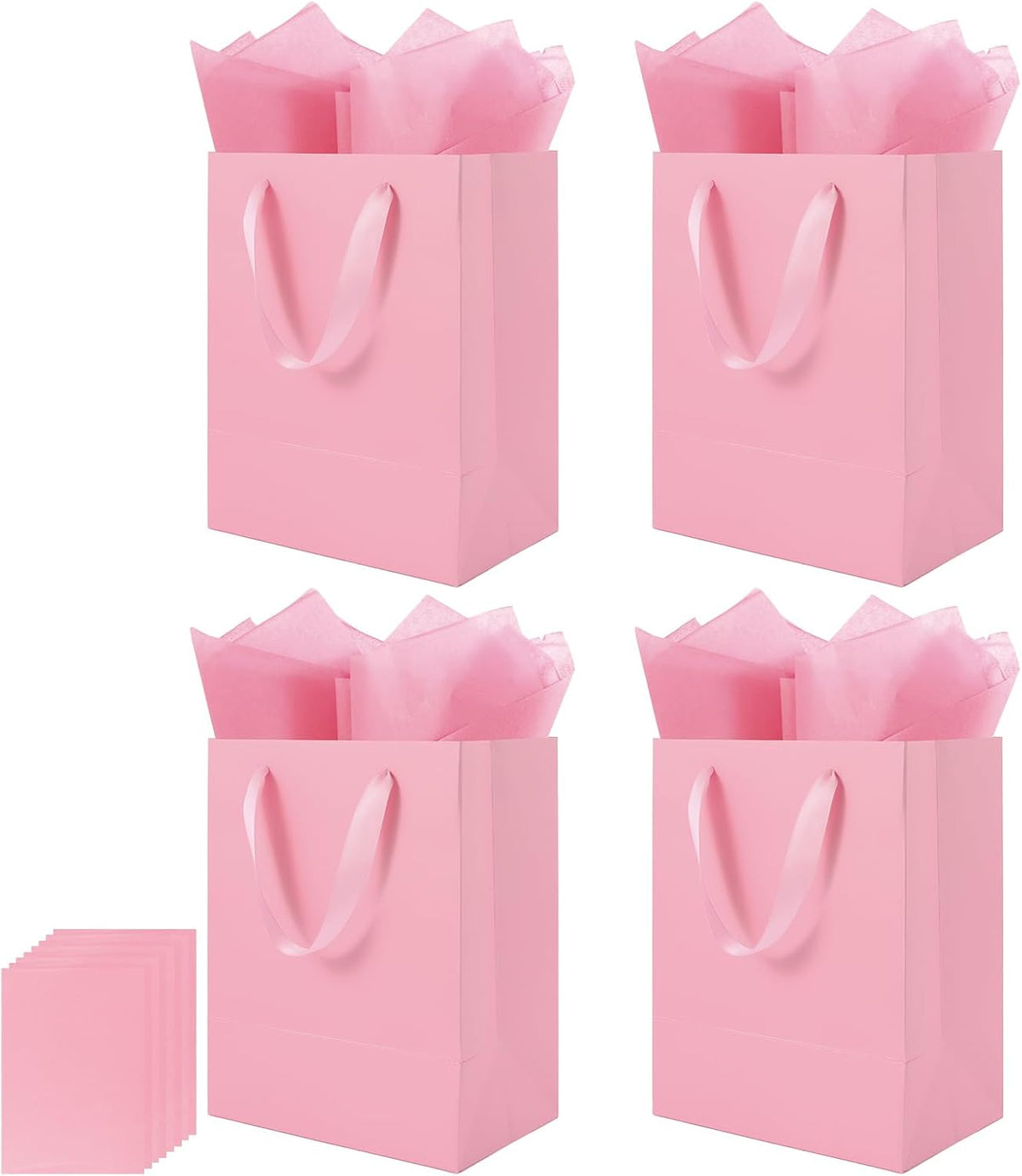 4 Pack Pink Gift Bags with Handles and 8 Tissue Papers