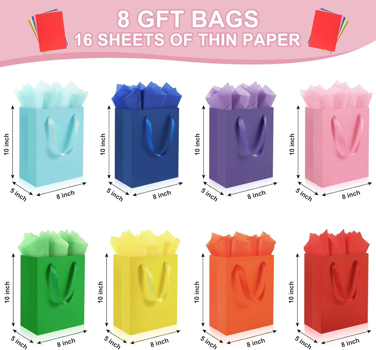 4 Pack Pink Gift Bags with Handles and 8 Tissue Papers