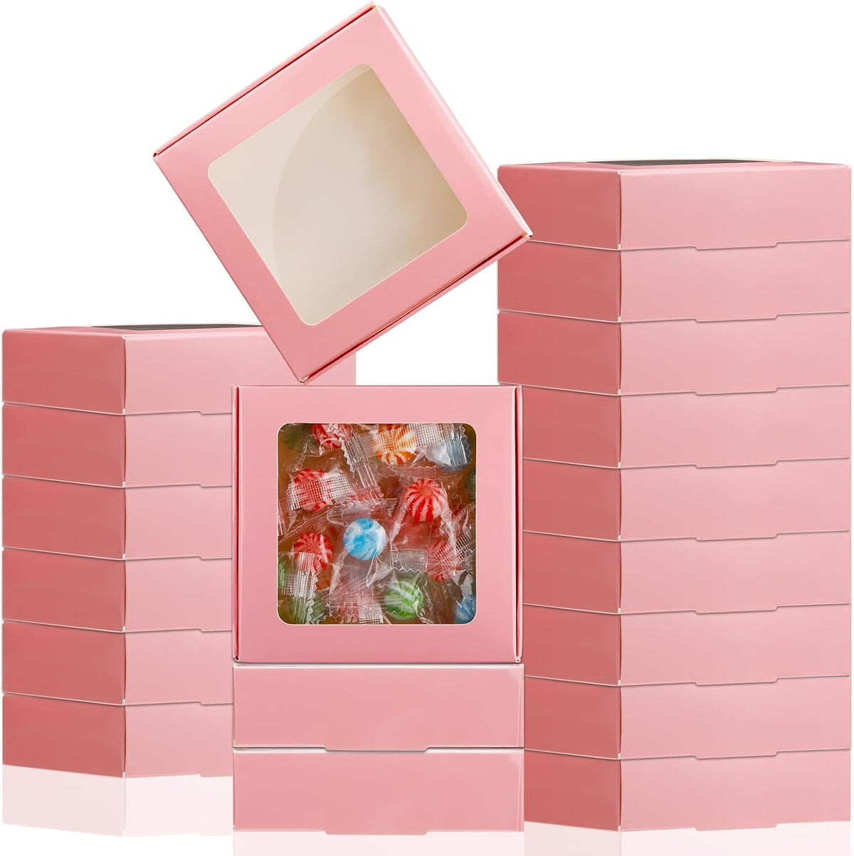 30 Pcs Kraft Paper Boxes with Window 4.13 x 4.13 x 1.18inch (Pink)