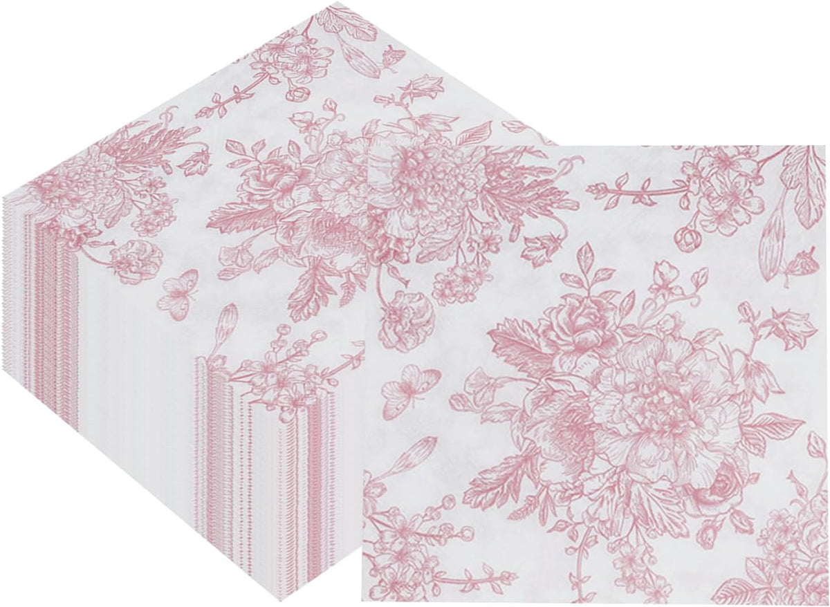 100 Pack Pink Floral Napkins, Cocktail Napkins Vintage Flower Butterfly Design, Paper Napkins for Wedding, Baby Shower, Birthday Party, 5 x 5 Inch