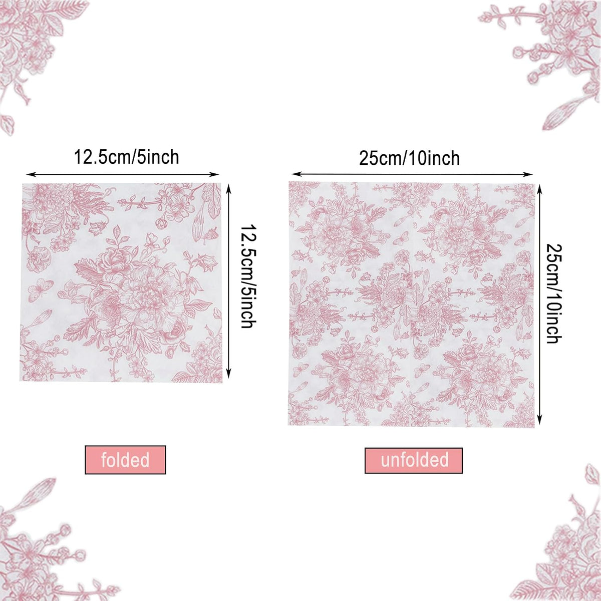 100 Pack Pink Floral Napkins, Cocktail Napkins Vintage Flower Butterfly Design, Paper Napkins for Wedding, Baby Shower, Birthday Party, 5 x 5 Inch