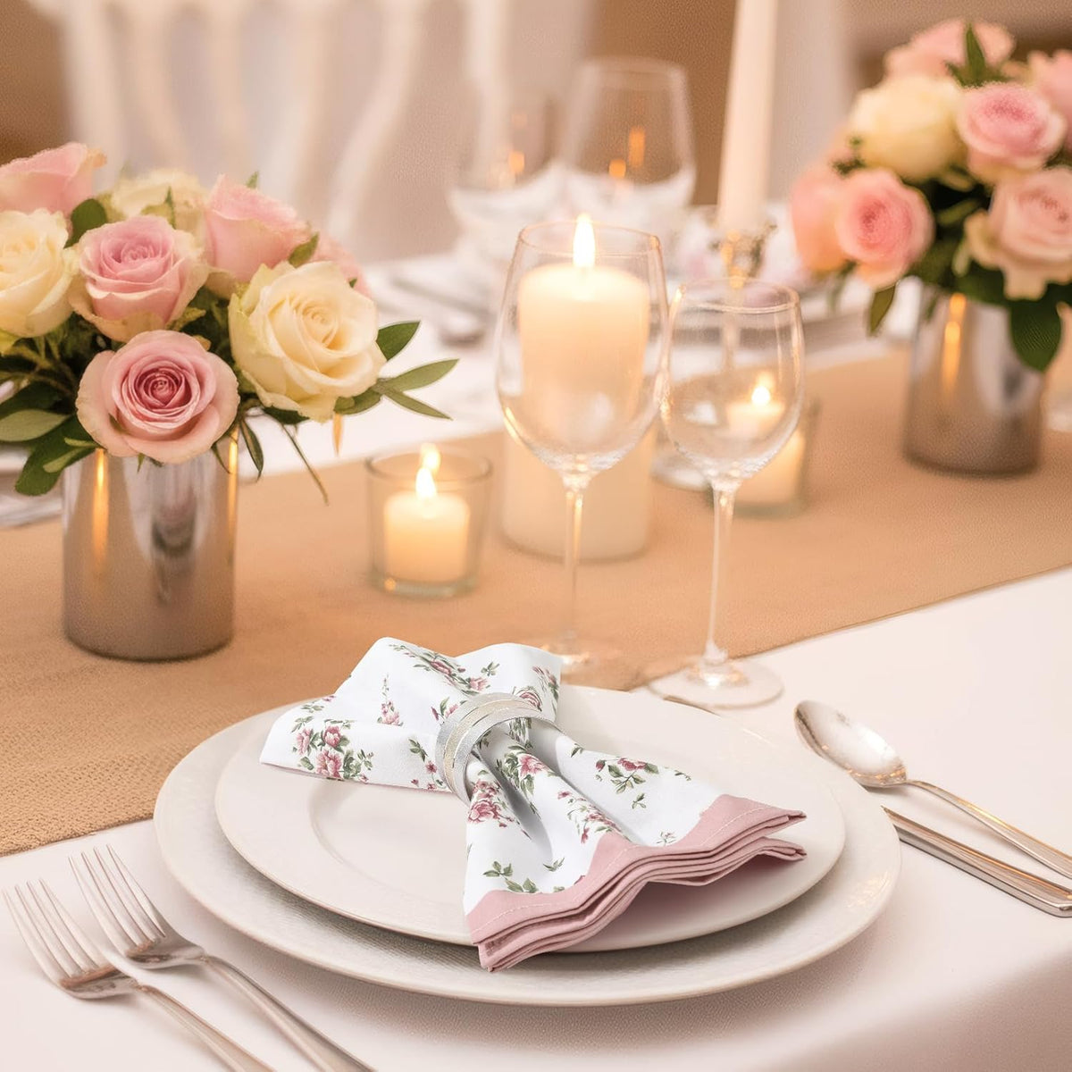 Pink Floral Rose Print Cloth Napkins 100% Cotton, 18" X 18" Dinner Napkins Cloth Set, Washable Napkins for Home, Kitchen, Dinner, Party, Wedding, Cocktail, Set of 4