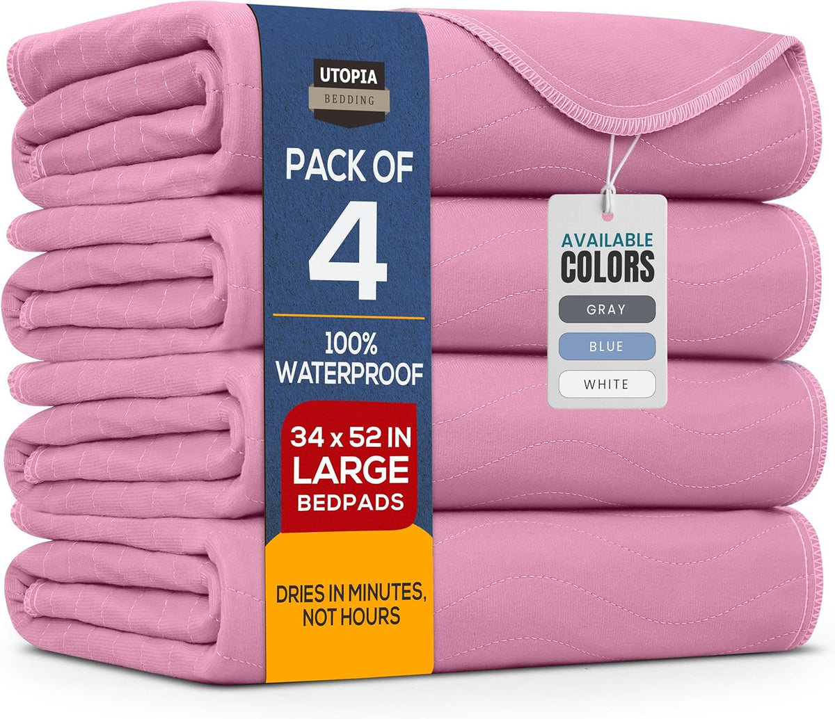 Washable Underpads 34" x 52" (Pack of 4), Waterproof Reusable Heavy Absorbency Incontinence Bed Pads for Adults, Kids, Elderly and Pets, Bedwetting Pads for Sofa and Couch (Pink)