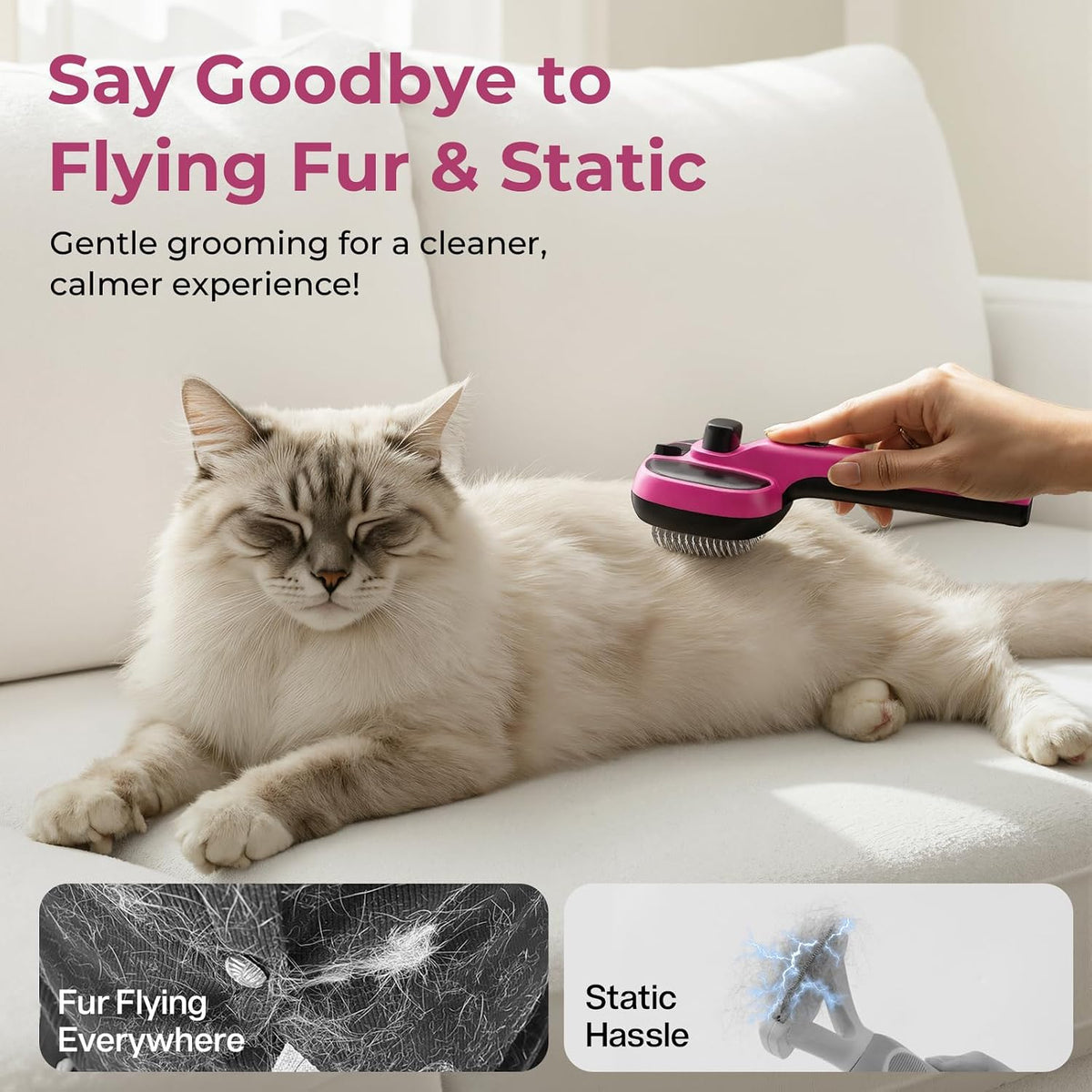 Self-Cleaning Steam Dog Cat Brush for Heavy Shedding/Long Coats Pink | Gentle, Undercoat removal & smoothing, Shedding control, For water-anxious pets, 2 cool mist modes, XL tank, 240-min runtime