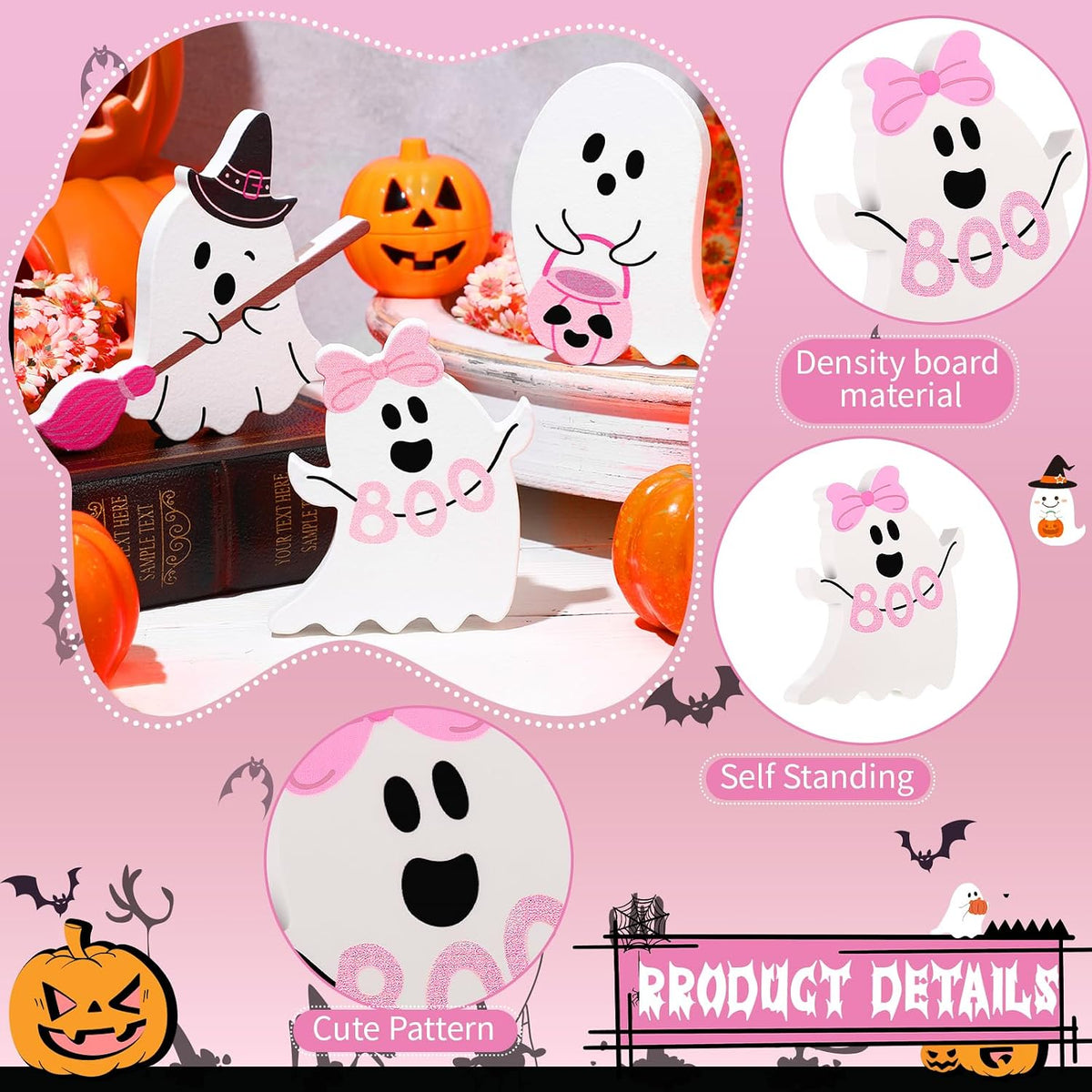 3 Pcs Pink Halloween Ghosts Wood Signs Table Decor,Broom
