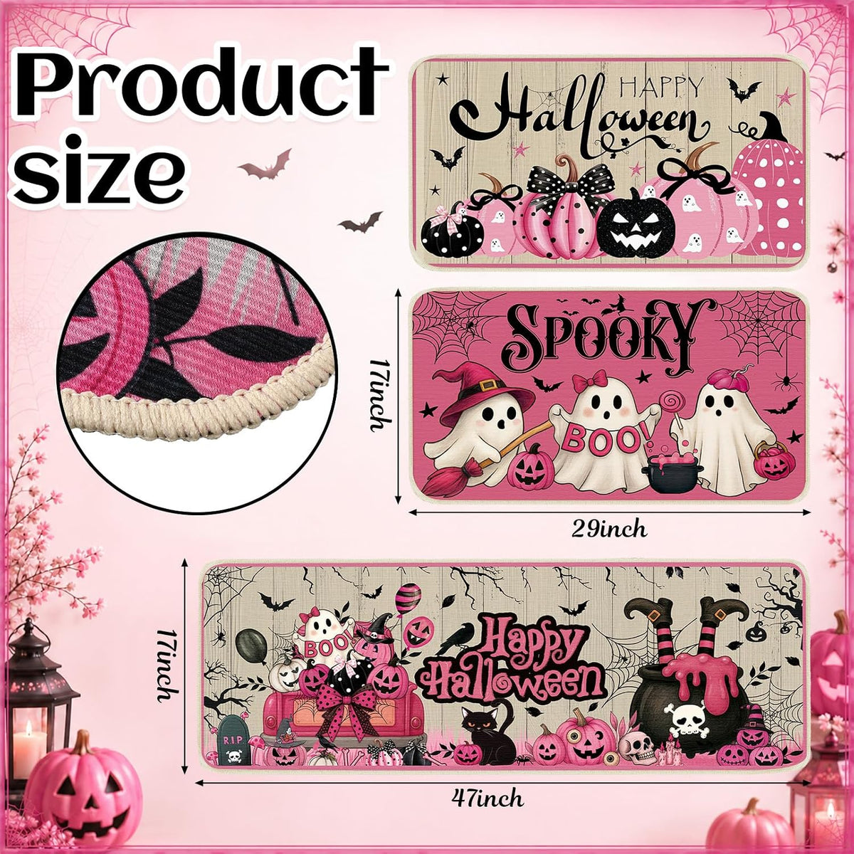 3 Pcs Pink Halloween Kitchen Rug and Mat, Ghost Non Slip Floor Mat