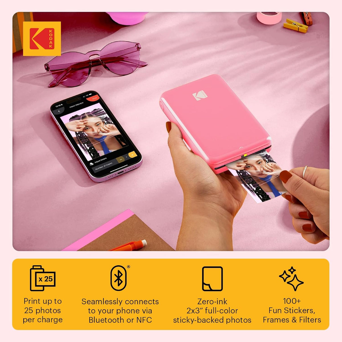 Step Instant Smartphone Photo Printer, Portable Mini Color Wireless Mobile Printer, Zink 2x3” (5.1x7.5 cm) Sticky-Back Photos, Bluetooth Compatible with iOS & Android Devices, Editing App, Pink