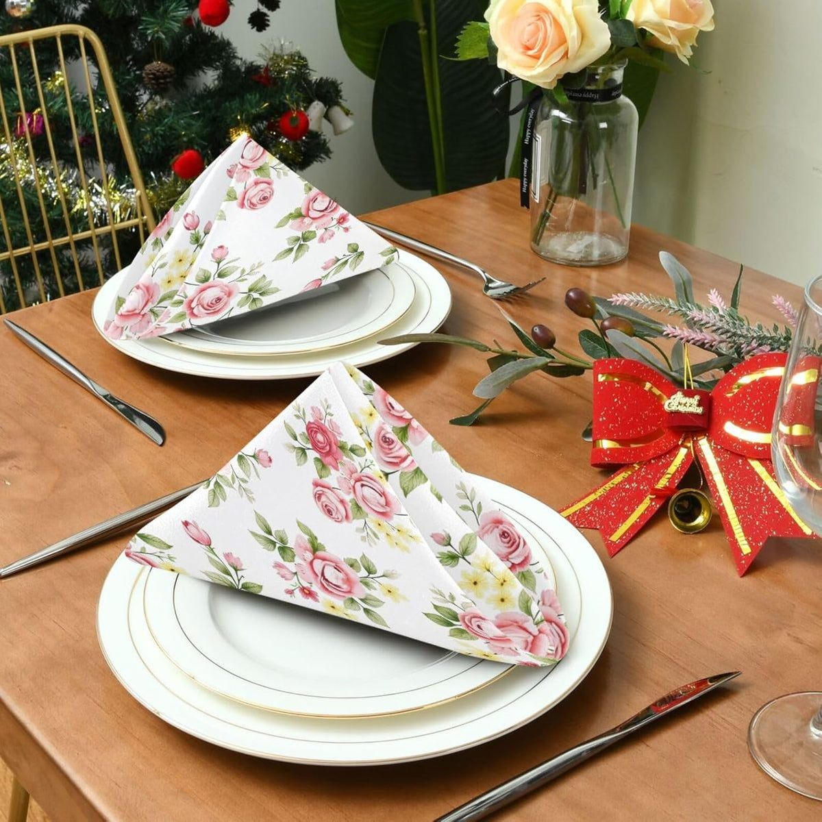 Cloth Napkin Pink Rose Flower Floral Cloth Napkin Set of 6 Washable Reusable Polyester Table Napkins for Family Dinner Party Holiday
